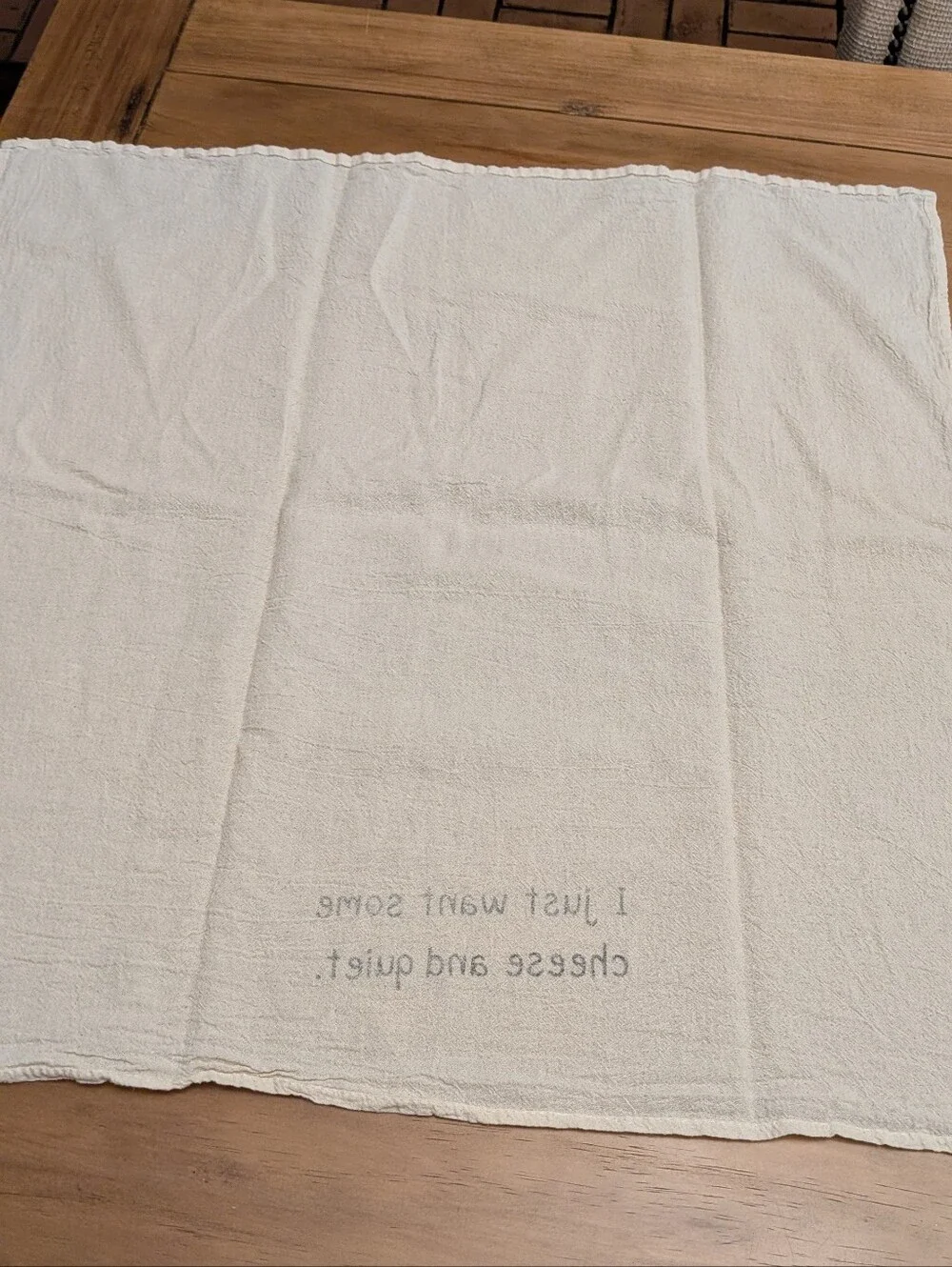Cute Cream Cotton Kitchen Dish Drying Towel with 'Cheese and Quiet' Text